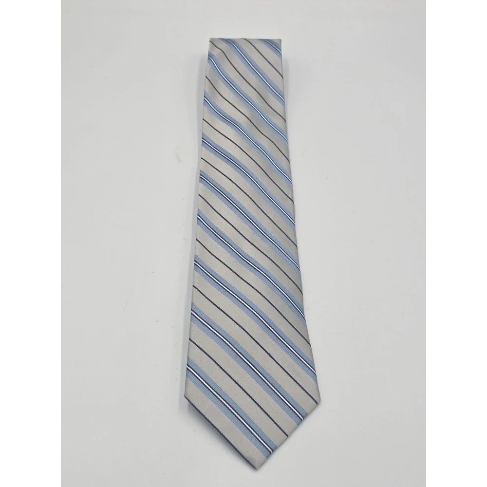 Haspel Mens Silk Necktie Silver Blue Navy White Diagonal Striped Classic Formal